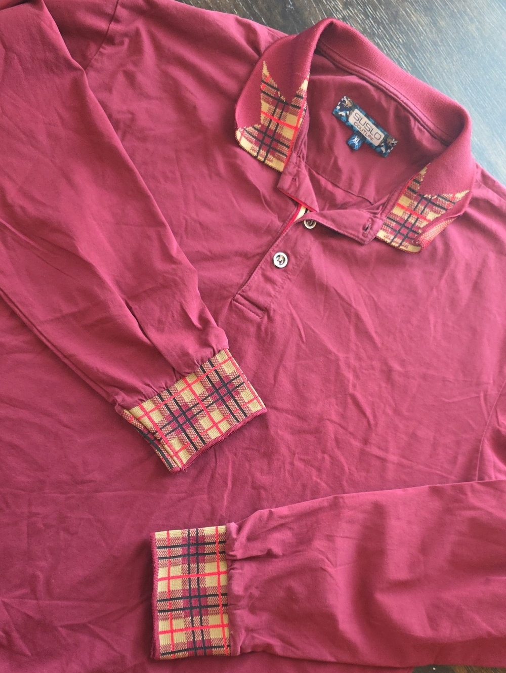 Men's Long-Sleeve Polo Shirt - Burgundy with Plaid Trim